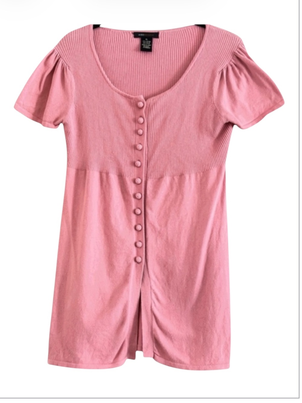BCBG Max Azria Pink Ribbed Empire Waist Tunic Top Button Front Knit XL